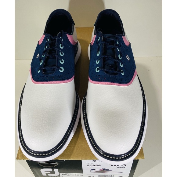FootJoy Traditions White Navy Pink Saddle Spiked Golf Shoes 57959 Men Size 10.5 - Picture 4 of 8